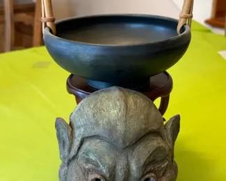 Ceramic Guardian Black Ceramic Handled Bowl With Flower Frog
