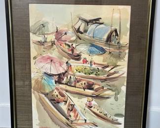 Artist Signed Watercolor Painting Floating Market