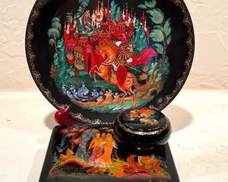 Russian Collectibles Ruslan and Ludmilla collectors plate Signed Lacquer Trinket Boxes