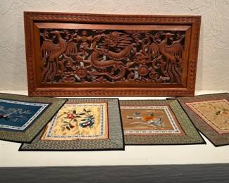 Asian openwork relief wood panel silk embroidery panels
