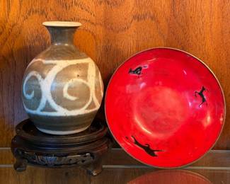 B Welsh Studio Vase Red Enameled Dish