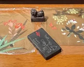 Chinese Collectibles Inkstone, Stamp Painted Silks