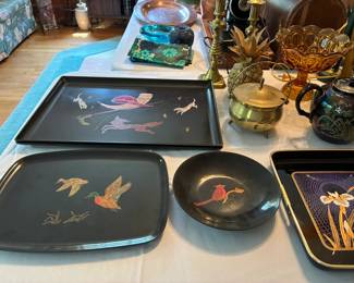 Mid century black lacquerware trays