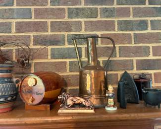Vintage copper ewer, cast iron flat iron, vintage wooden barrel bank, vintage brass Lions club figurine