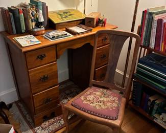Classic vintage kneehole desk, antique chair