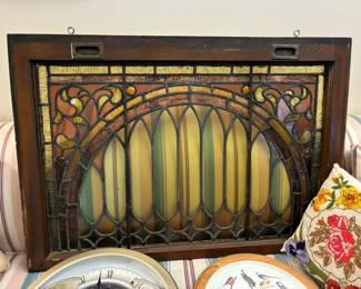 Antique or vintage leaded stained-glass Art Nouveau transom window