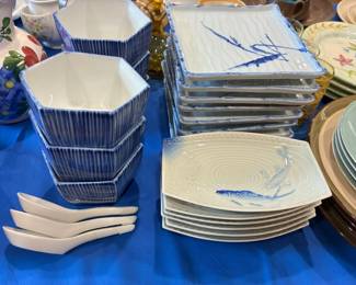 Vintage Japanese blue-and-white porcelain tableware set