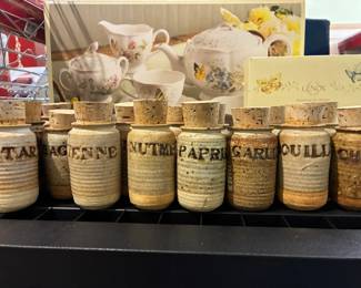 Vintage mid century ribbed stoneware spice jars with cork stoppers