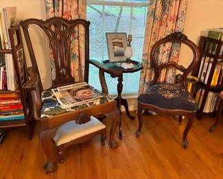 Vintage Chippendale style armchair and antique Victorian balloon back chair