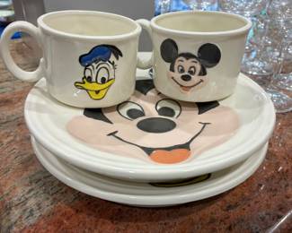 Vintage hand painted Mickey Mouse and Donald Duck plate and mug sets