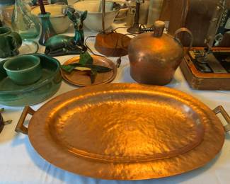 Antique handmade copper tray, hand hammered primitive copper jug