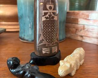 Joseph Baca, Santa Clara Pueblo sgraffito figurine, Zuni/Sioux Red Elk signed otter fetish, signed Zuni fetish