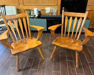 MCM maple paddle arm chairs pair