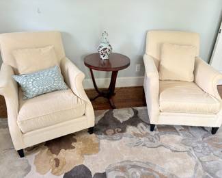 Restoration Hardware - matched pair of ivory velvet armchairs with a low - shown with a round side table (matched set of 2 available) and wool area rug