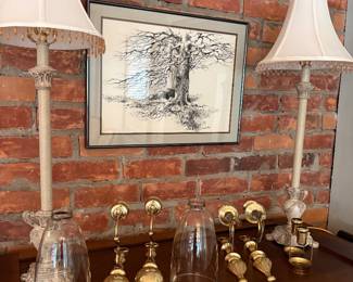 Brass candle sconces (3 sets) and buffet lamps (2) and framed sketch