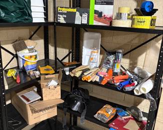 Painting supply essentials, black metal shelving, and more