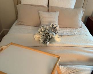 Queen bed: headboard, frame and mattress set, bed tray and linen duvet with shams
