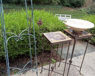 Metal ad ceramic plant stands, bird bath stone, metal yard art
