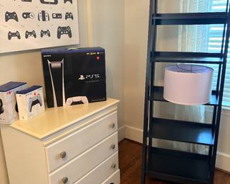 PS 5 system, controllers, "controller" decor, Black bookcase (2 available)