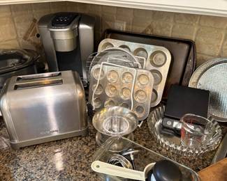 Keurig coffee maker, Cuisinart toaster, and Baking essentials