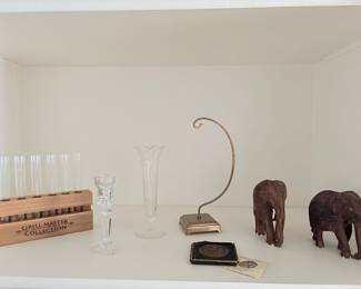 Bud vases, elephants and vintage World's Fair medal