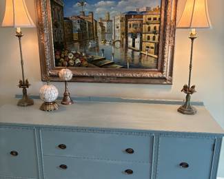 Painted sideboard, Oil painting, pair of buffet lamps and brass with marble decor