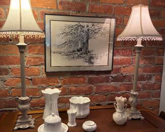 Another view of the Royal Tara English Bone China pieces, and Beleek vase, and pair of buffet lamps and framed sketch