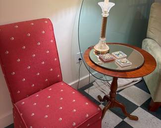 Upholstered side chair (great as a desk chair or vanity chair for a bathroom), single pedestal table and lamp and large glass table top