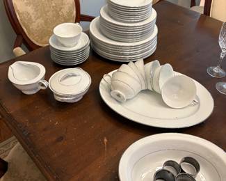 Noritake "Whitehall" china 5-piece place settings with platter, serving bowl and cream and sugar