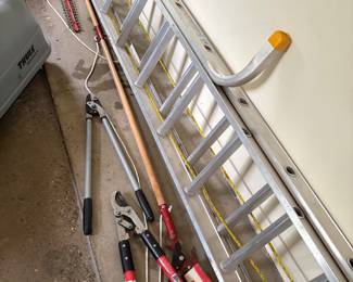 2-story Extension ladder with stabilizer brace, tree pruner, loppers and shears, hedge trimmer