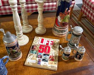 Beer stein, candle pillar holders and vintage LIFE magazine