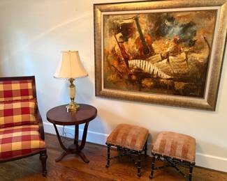 Large acrylic painting, wood armchair with upholstery, Baker ottomans (matched set), round side table (2 available)