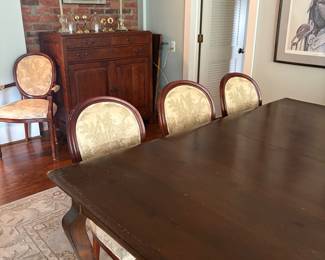 Distressed wood table with one leaf and 6 chairs (2 arm and 4 side)