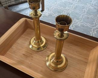 Brass candle holders and wood tray