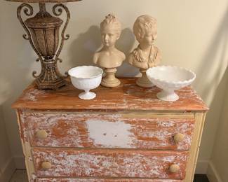 3-drawer distressed chest of drawers, milk glass dishes, Victoria "busts" and lamp
