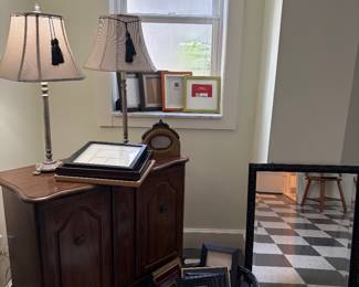 Entryway console, buffet lamps, mirror and frames