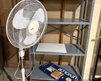 Floor fan, metal shelving