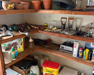 Clay planters, bird feeders, watering nozzels and sprinklers, weed control chemicals and sprayers