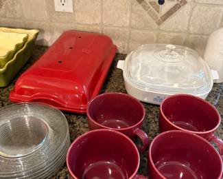 Glass plates, soup cups, vintage pyrex and enambled dishes