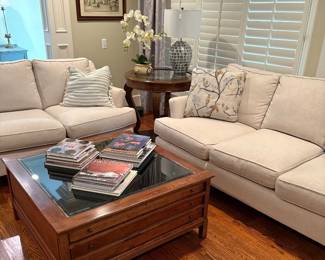 3-cushion couch and 2-cushion loveseat - matched pair, side table and lamp, square coffee table with drawer storage and display area & great coffee table books