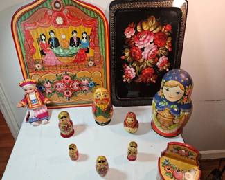 Russian Hand Painted Nesting Dolls & Trays
