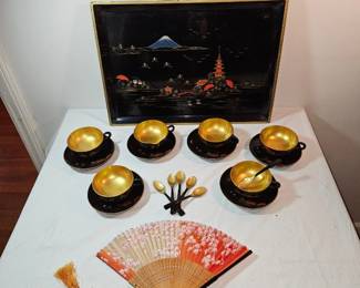 Japanese Hand Painted Wooden Tea Set Lacquered