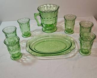 RARE Uranium Or Depression Glass Pitcher & Cups & Plate