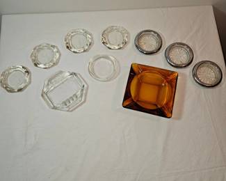 Amber Ashtray & Silver/Crystal Coasters