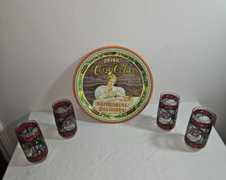 Coca Cola Tray And Stained Glass Design Cups