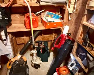 Weed trimmer, leaf blower, gas can,