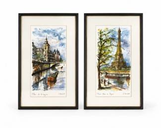 148 VintageParisWatercolorPrintsPairEiffelNotreDame