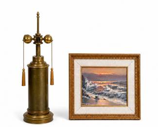 133 VintageBrassTableLampSignedSeascapePainting
