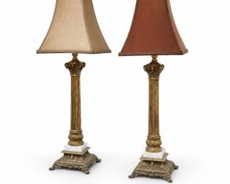 86 PairHollywoodRegencyBrassMarbleColumnTableLamps