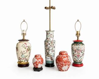 83 AsianPorcelainTableLampsGingerJars5PieceCollection